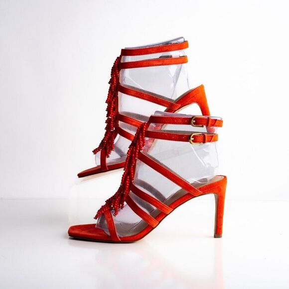 Boden Womens sandals Heels Orange Suede Beaded Open Toe US 7 EU 38 NWD - Picture 5 of 12